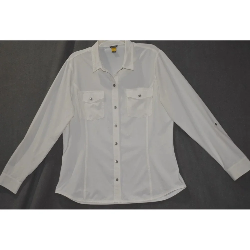Eddie Bauer XL Women Departure Shirt Ivory Roll Tab Sleeve Button Up Stretch - Picture 14 of 16